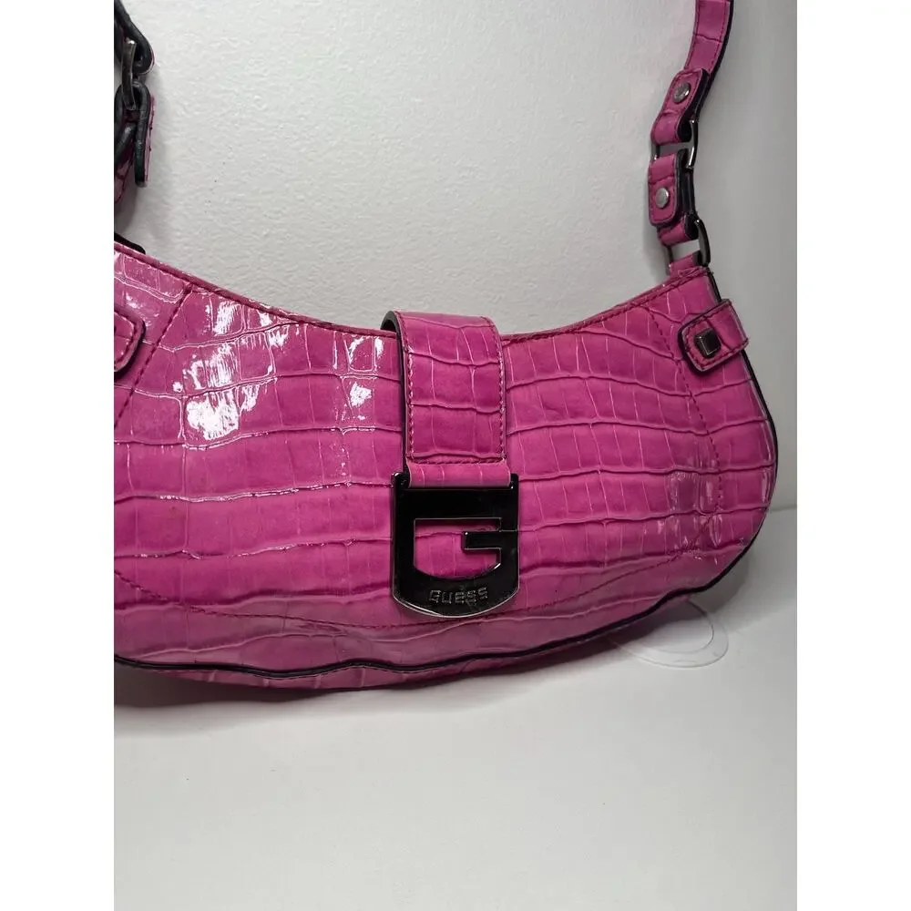 🎀Vintage GUESS Y2K Hot Pink Purse Crocodile Shoulder Mini Bag Buckle Baguette
